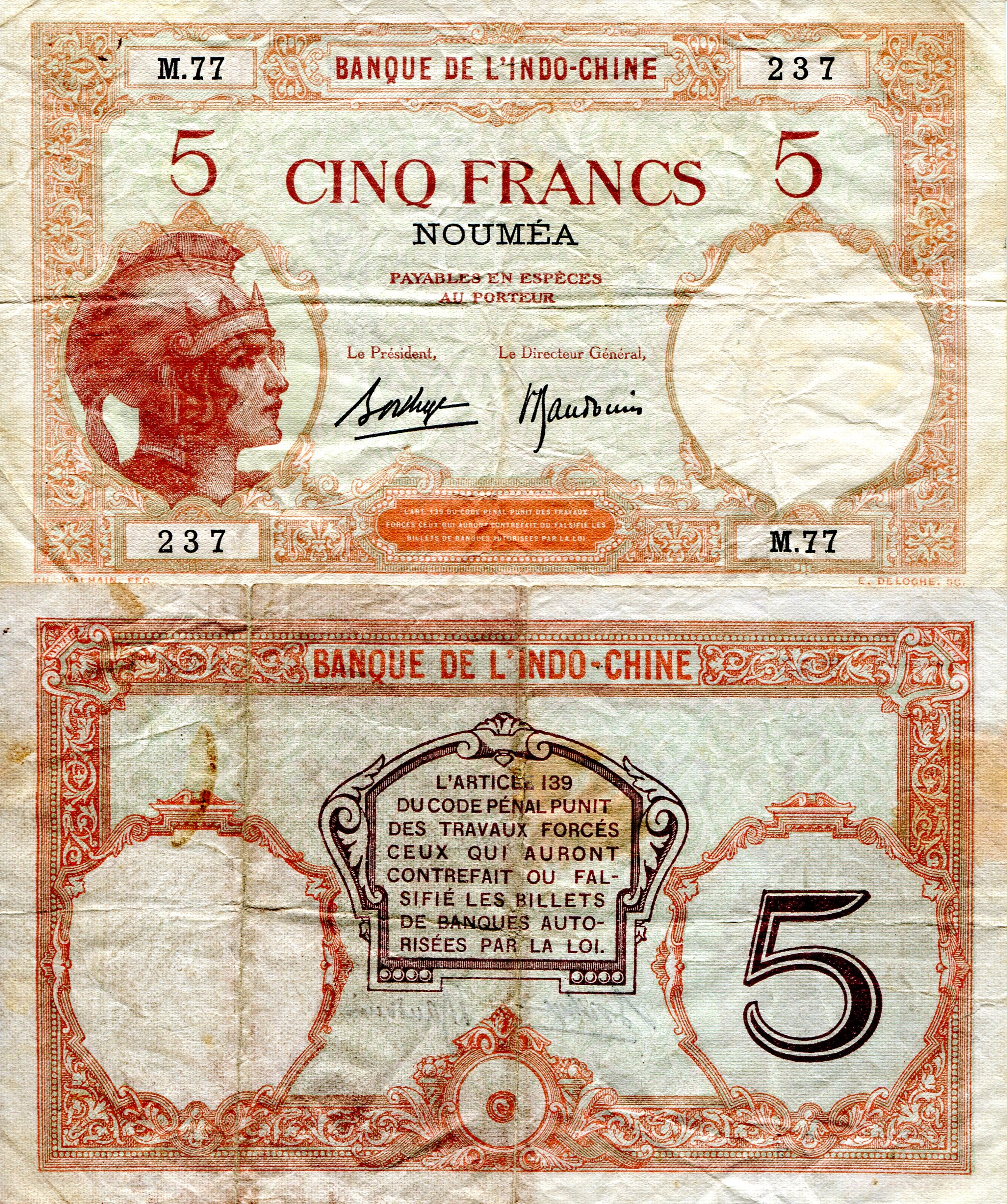 New Caledonia 5 Francs F (see large scan) pick #: 36b