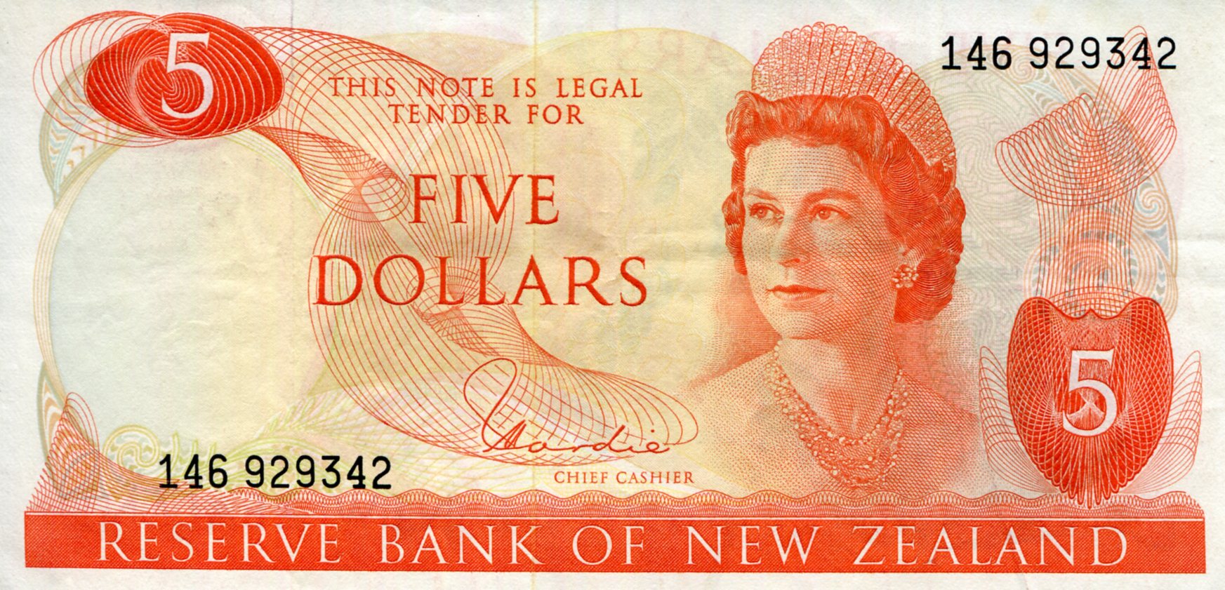 New Zealand 5 Dollars F (see large scan) pick #: 165d