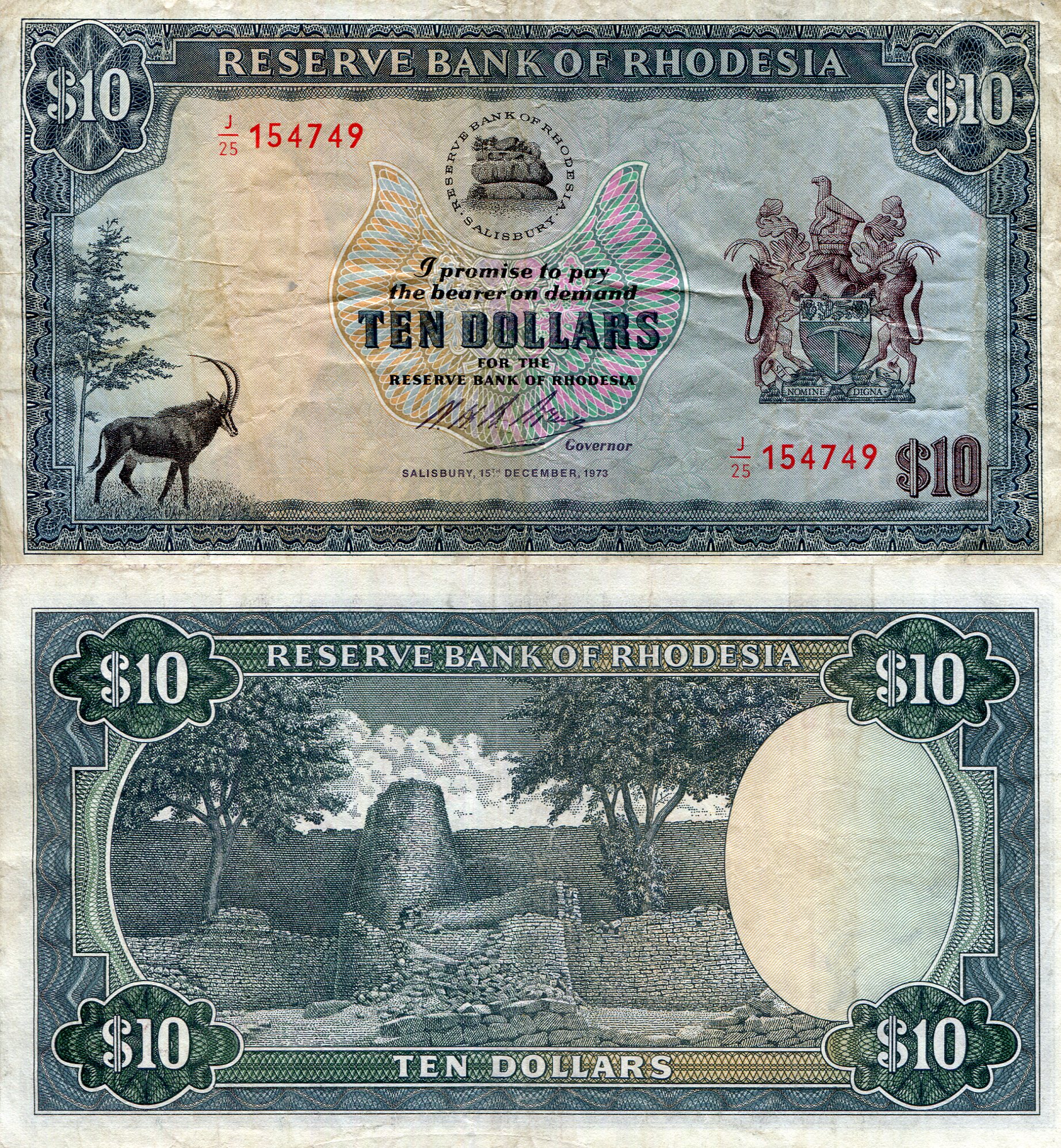 Rhodesia 10 Dollars VF/F (see large scan) pick #: 33f