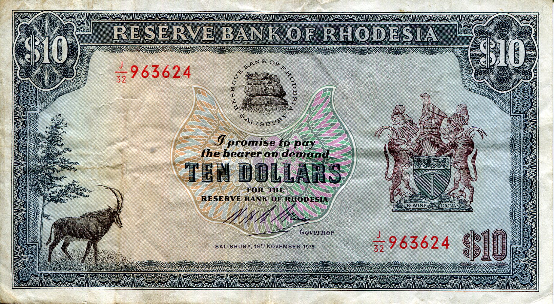 Rhodesia 10 Dollars F (See large scan) pick #: 33h