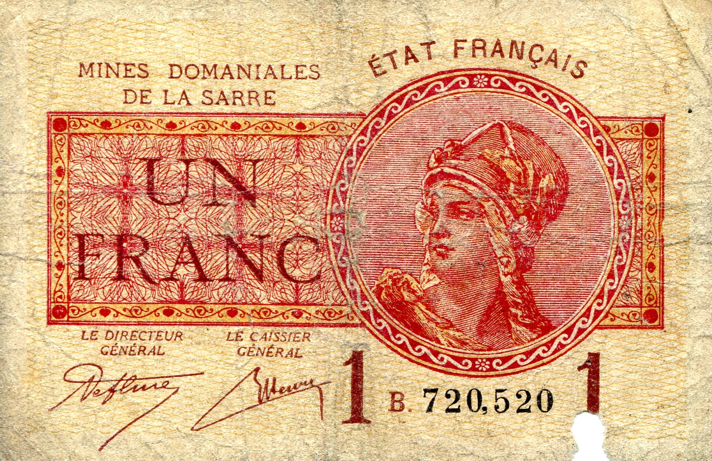 Saar 1 Franc G (See Scan, missing piece)  pick #: 2