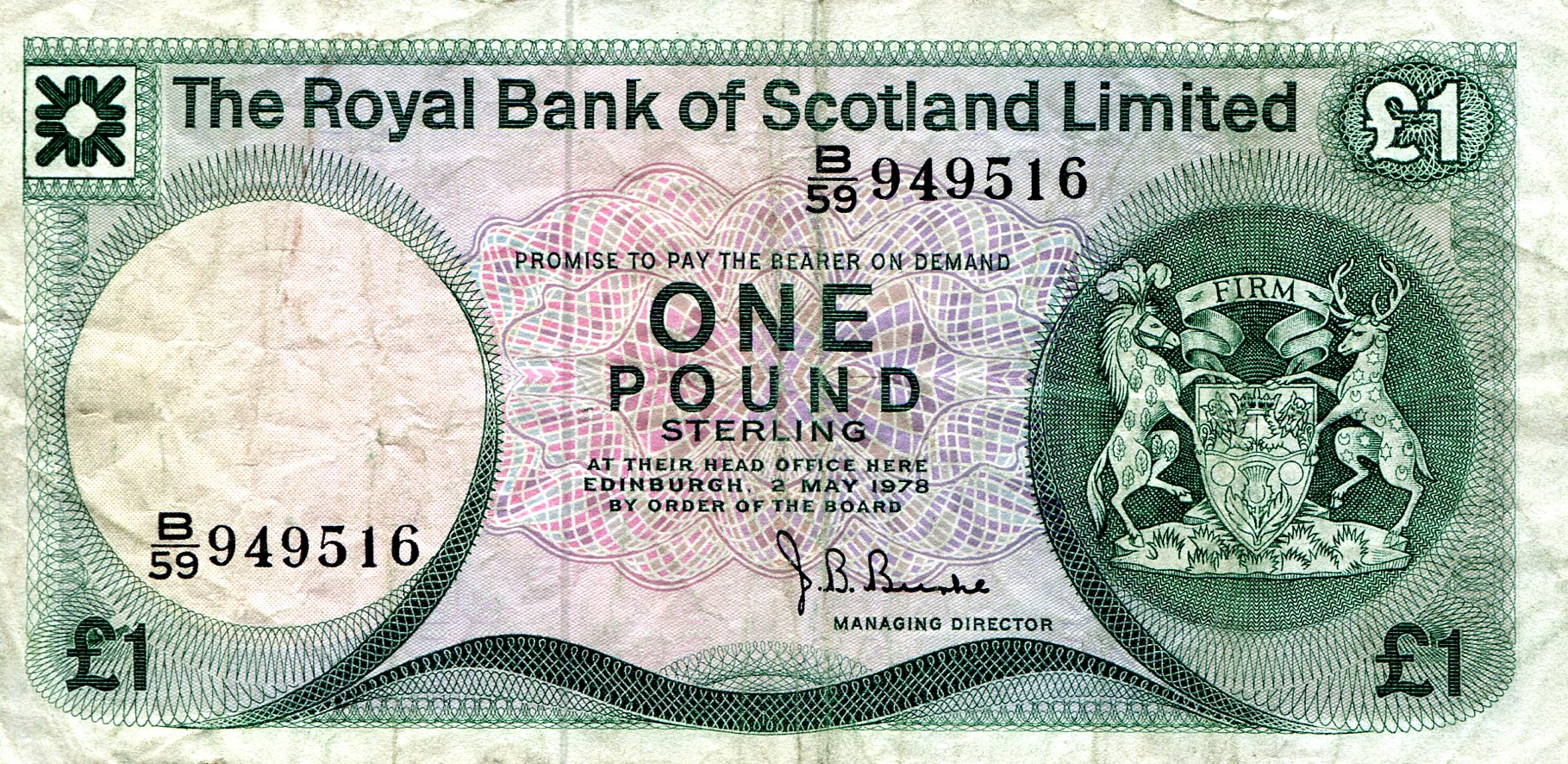 Scotland 1 Pound F/VG (see scan) pick #: 336