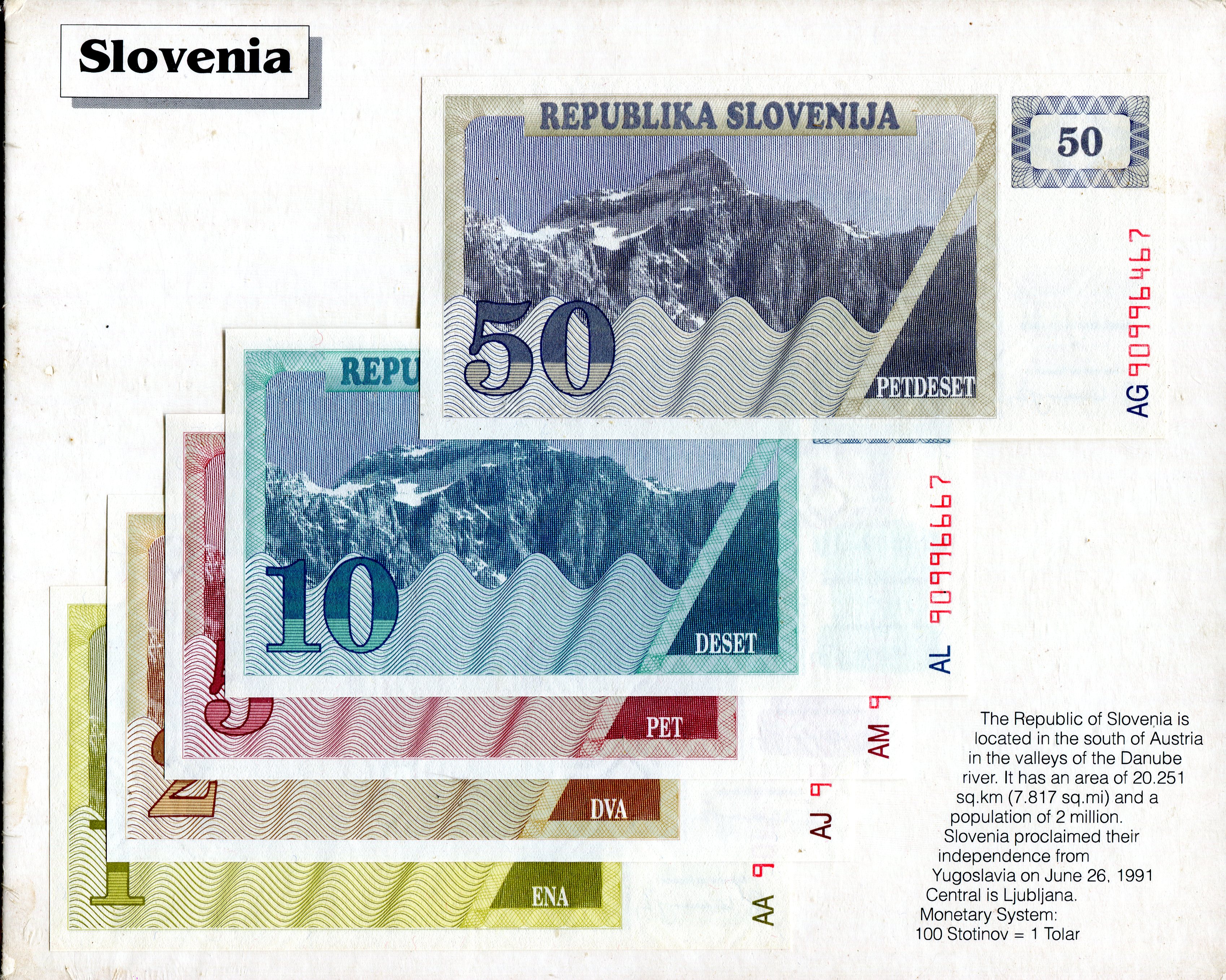 Slovenia 1 - 50 Tolar UNC (Board may have some wear - see large scan) pick #: NP
