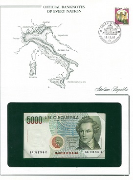 Italy  5000 Lire Pick Number: NP-1 UNC (looks UNC) envelope has wear Banknote