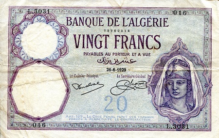 Algeria 20 Francs Pick Number: 78b F (see scan) Folds Banknote