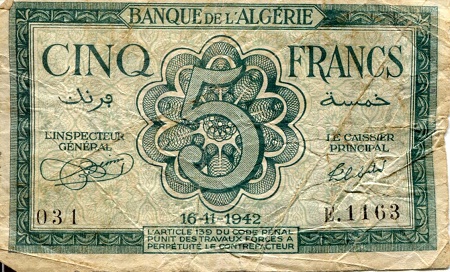 Algeria 5 Francs G/Poor (see large scan) pick #: 91