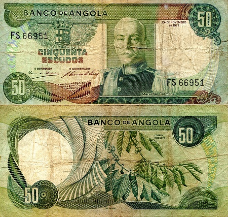 Angola 50 Escudos Pick Number: 100 G/Poor (Center tear) Banknote