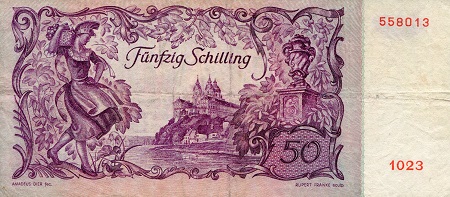 Austria 50 Schilling F+ (see large scan) pick #: 130a