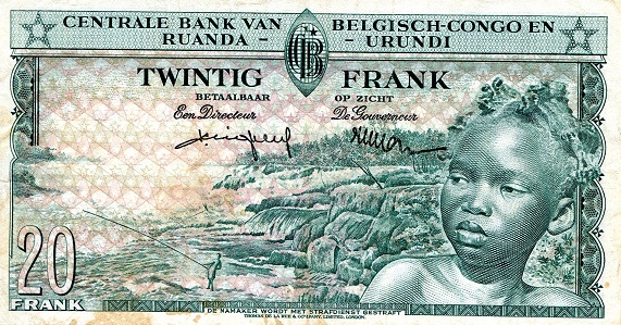 Belgian Congo 20 Francs VF (may have been pressed?) pick #: 31