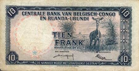 Belgian Congo 10 Francs VF/F (see large scans) pick #: 30b