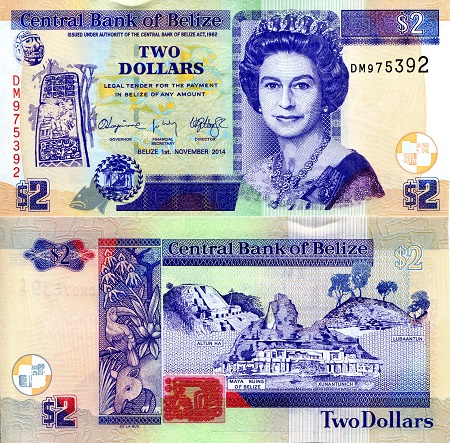 Belize 2 Dollar Pick Number: 66e UNC Banknote