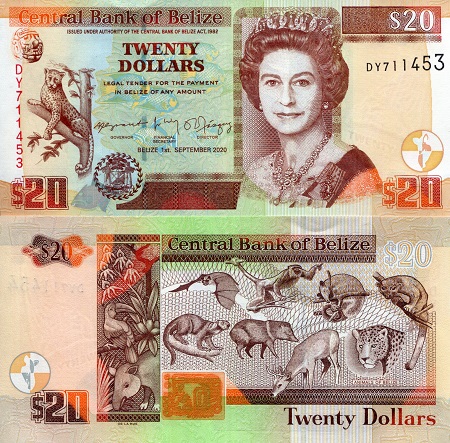 Belize 20 Dollars Pick Number: 69g UNC Banknote