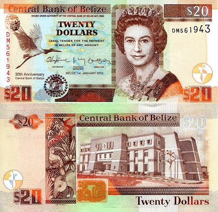 Belize 20 Dollars Pick Number: 72 UNC Banknote