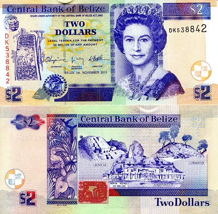 Belize 2 Dollar Pick Number: 66d UNC Banknote