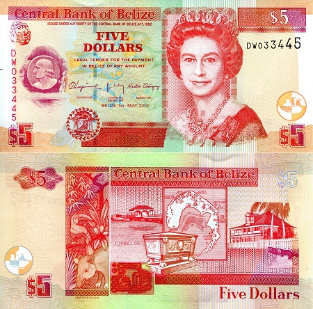 Belize 5 Dollars Pick Number: 67g UNC Banknote