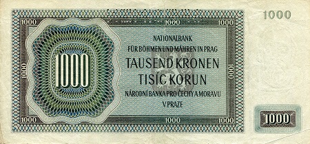 Bohemia & Moravia  1,000 Korun XF/VF (see large scan) pick #: 14s