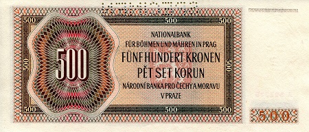 Bohemia & Moravia  500 Korun aUNC (see large scan) pick #: 11s