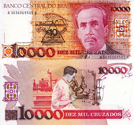 Brazil 10,000 (OP 10 Cruzados Novos) Cruzados Pick Number: 218b UNC Banknote