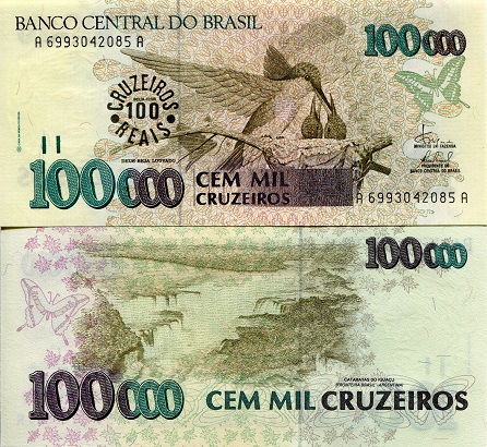 Brazil 100,000 (100) Cruzeiros (Cruzeiros Reals) Pick Number: 238a UNC Banknote