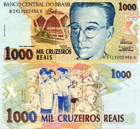 Brazil 1,000 Cruzeiros Reais Pick Number: 240 UNC Banknote