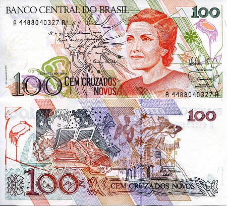 Brazil 100 Cruzados Novos Pick Number: 220a aUNC (nick at top edge) Banknote