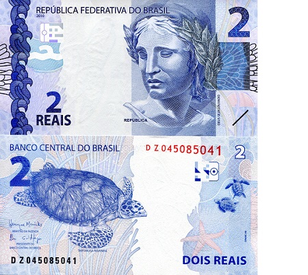 Brazil 2 Reais Pick Number: 252d UNC Banknote