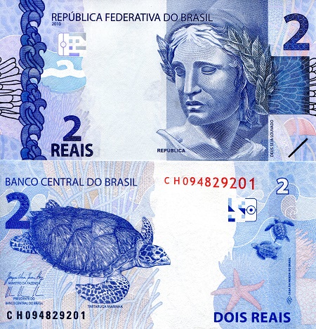 Brazil 2 Reais Pick Number: 252a UNC Banknote