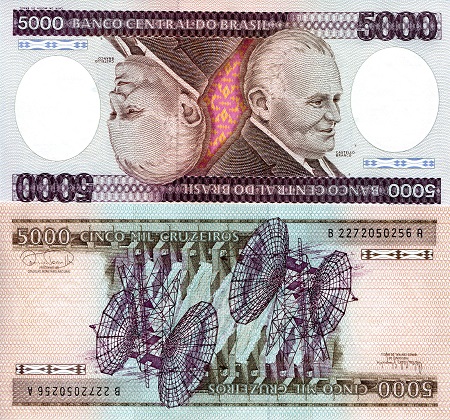 Brazil 5000 Cruzeiros Pick Number: 202d UNC Banknote
