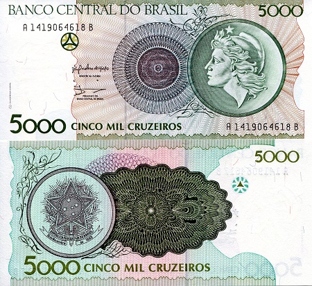 Brazil 5,000 Cruzeiros Pick Number: 227 UNC Banknote