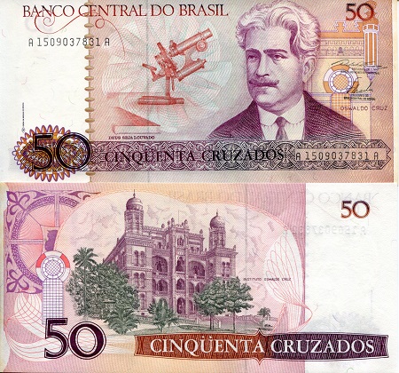 Brazil 50 Cruzados Pick Number: 210a aUNC (does not lay flat) Banknote