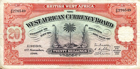British West Africa 20 Shillings Pick Number: 8b F Banknote