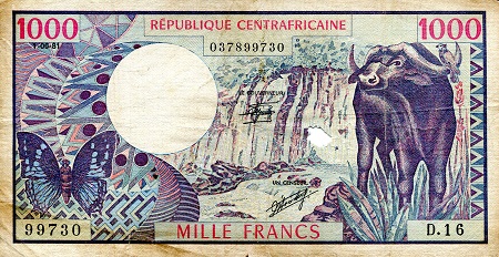 Central African Republic 1,000 Francs G (see large scan - hole in note) pick #: 10c