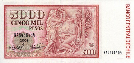 Chile 5,000 Pesos aUNC pick #: 155a