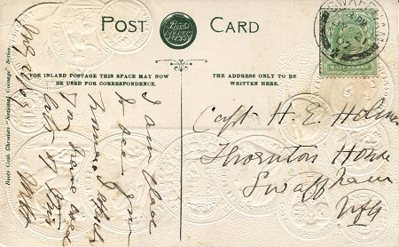 Great Britain Flag; Coins represented in card (not real coins); Conversion table of coin value to other countries - This is a pre 1905 Postcard (Over 100 years old)