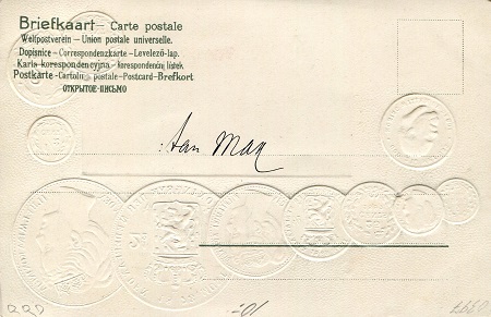 Netherlands Flag; Coin represented in card (not real coins); Conversion table of coin value to other countries - This is a pre 1905 Postcard (Over 100 years old)