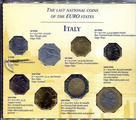 Italy  10 - 1,000 Liras Coins - Gem (CD Case has crack on back)