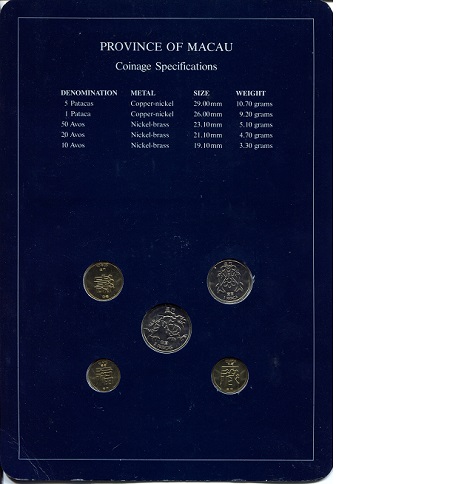 Macao 10-5 Avos - Patacas UNC (Board may have some wear - see large scan) Coin
