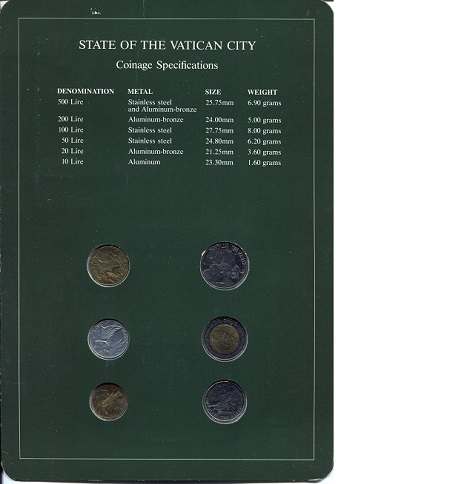 Vatican City 10-500 Lire UNC (Board may have some wear - see large scan) Coin