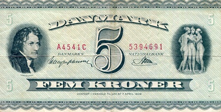 Denmark 5 Kroner Pick Number: 42c F/VG (see large scan) Banknote