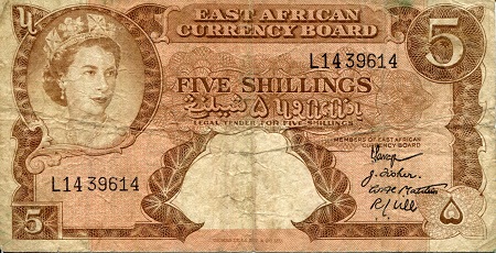 East Africa 5 Shillings Pick Number: 37a F/VG (see large scan) Banknote