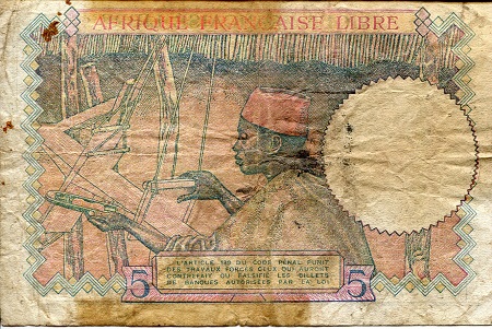 French Equatorial Africa 5 Francs G (see large scan) pick #: 6a