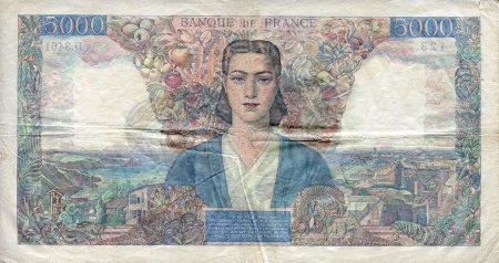 France 5,000 Francs F (see large scan) Pinholes - Very thin paper pick #: 103e