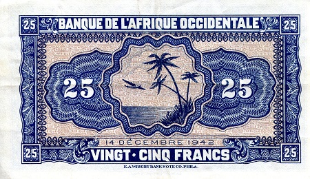French West Africa  25 Francs VF+ pick #: 30b