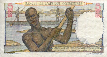 French West Africa  5 Francs aUNC (Printed on thin paper) pick #: 36n