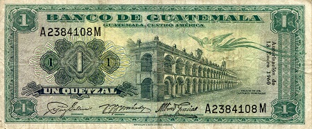 Guatemala  1 Quetzal Pick Number: 43b VG (See large scan) Banknote