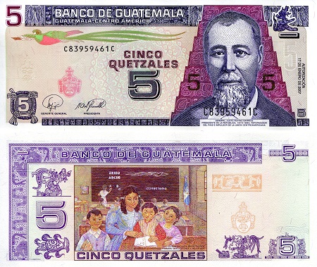 Guatemala  5 Quetzal Pick Number: 106c UNC Banknote