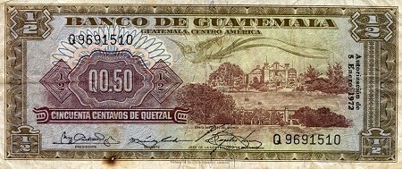 Guatemala  1/2  Quetzal Pick Number: 51l VG/G (See large scan) Banknote