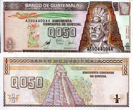 Guatemala  .5 (Half) Quetzal Pick Number: 98a aUNC/XF (see large scan) Foxing Banknote