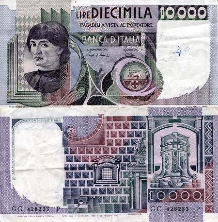 Italy  10,000 Lire Pick Number: 106d F Banknote