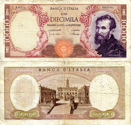 Italy  10,000 Lire Pick Number: 97c VG (see scan) Banknote